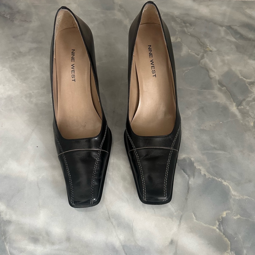 Nine West Black Leather Square-Toe Heels